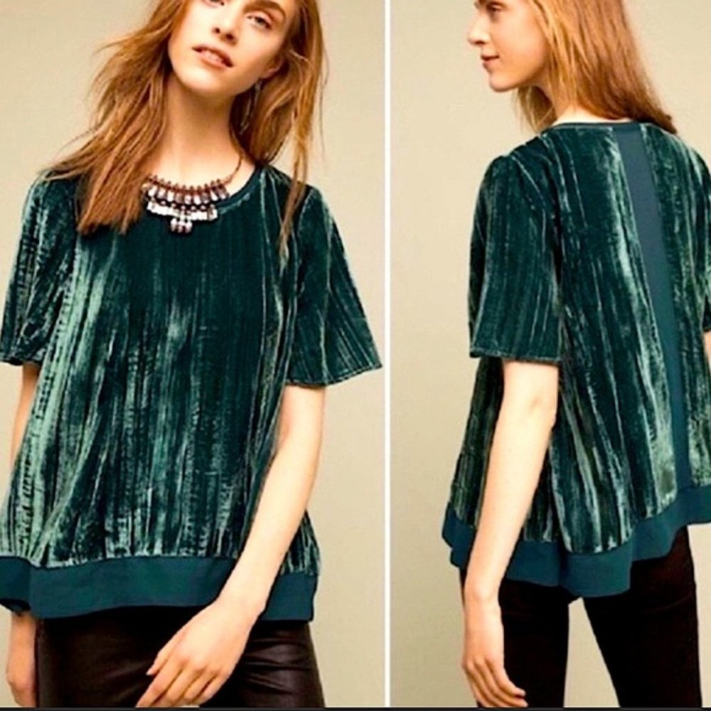 Anthropologie Maeve Emerald Green Velvet Top Sz S
